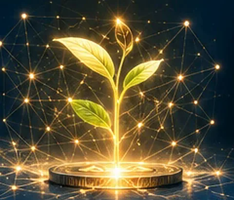 A golden seedling growing from a coin inside a constellation of light